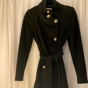Elie Tahari wool black knee length trench with gold accent buttons